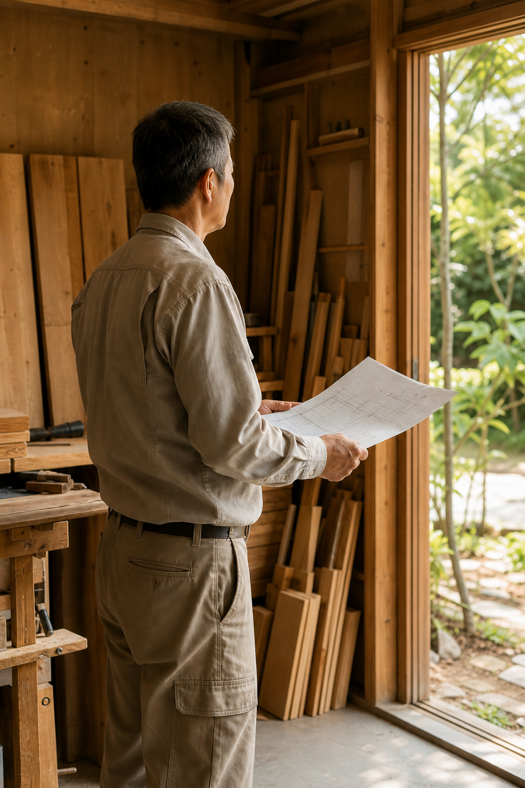 木材の並ぶ作業場で図面を手にする代表