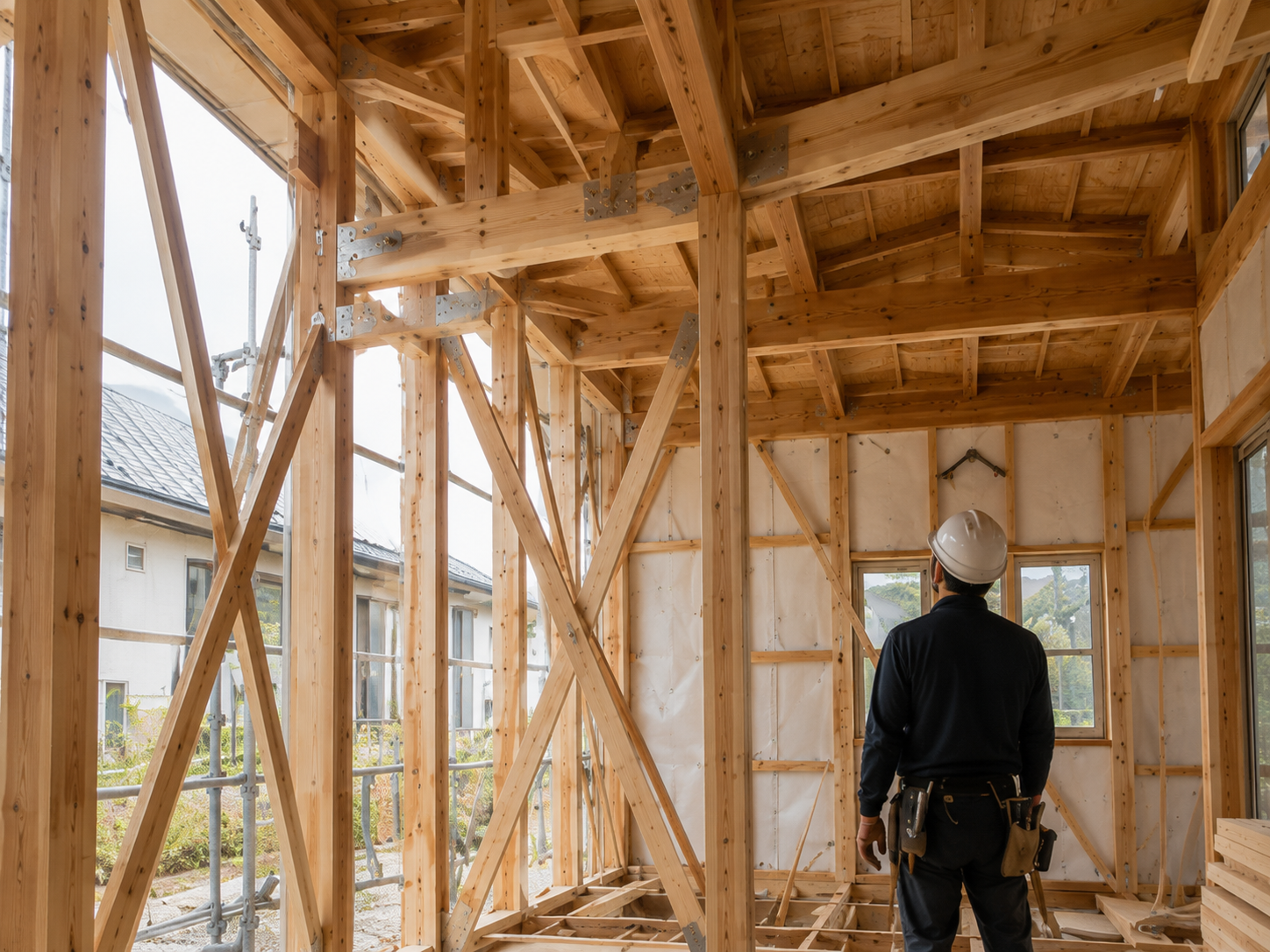 柱と梁が組み上がった建築中の木造住宅の構造