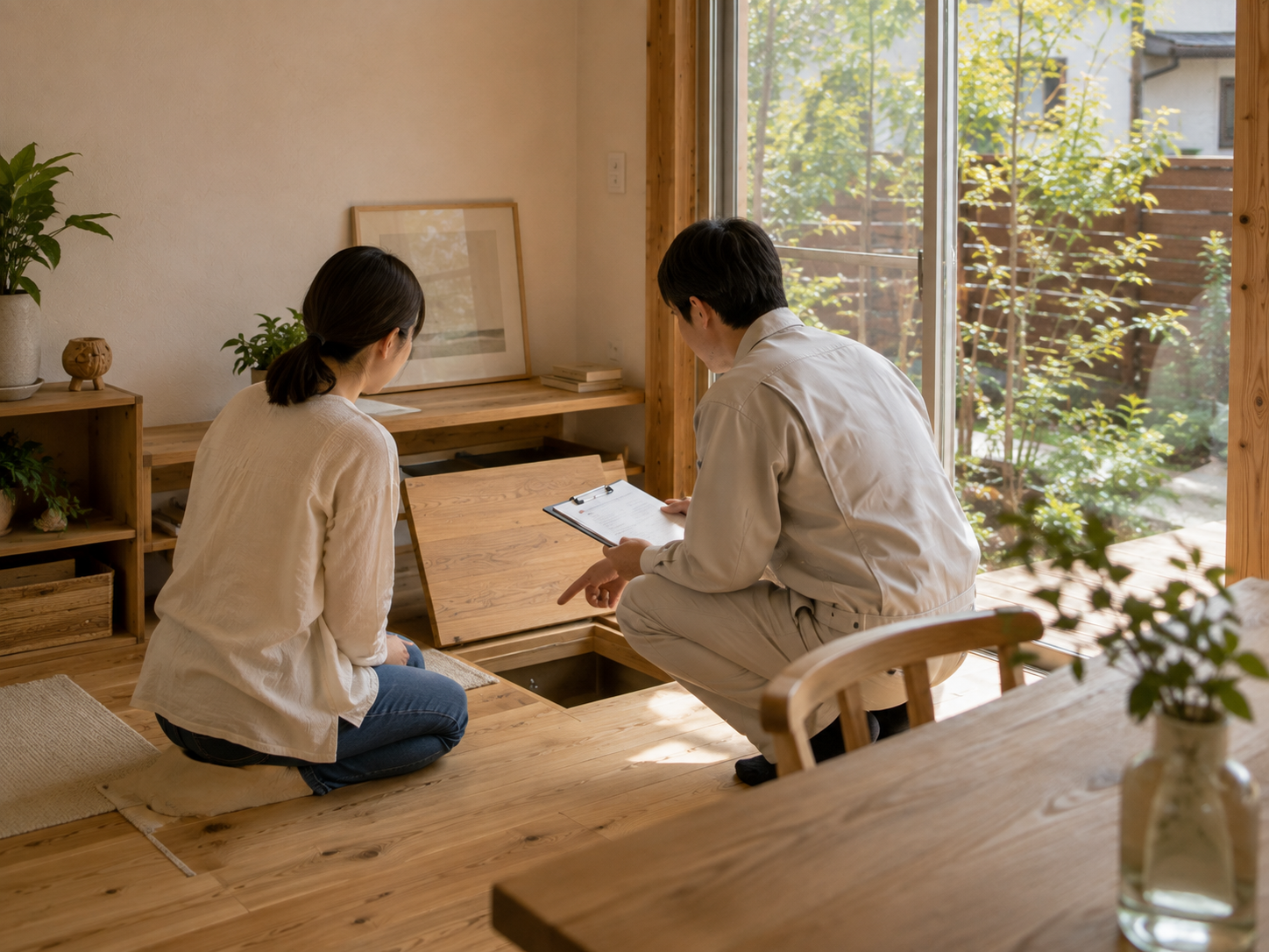 引き渡し後の住まいで定期点検を行う担当者と住まい手