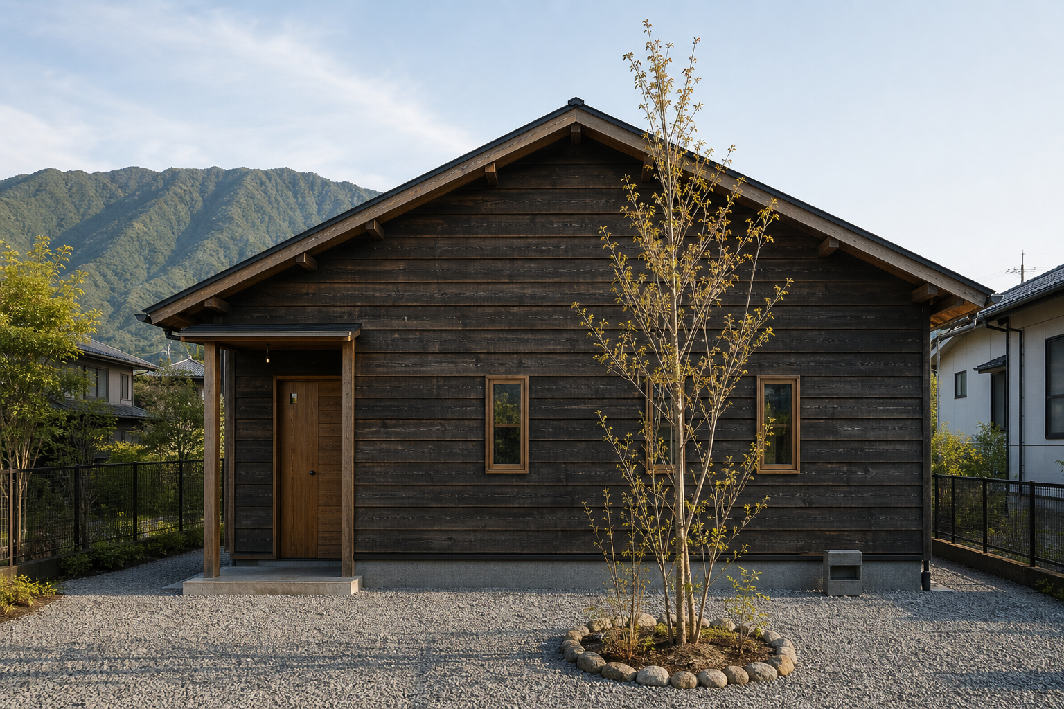 杉板張りの外壁と切妻屋根を持つ小さな木造平屋